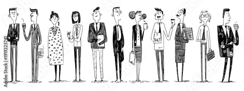Diverse Business People Standing in Line – Cartoon Office Team Illustration
