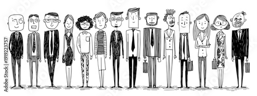 Diverse Business People Standing in Line – Cartoon Office Team Illustration