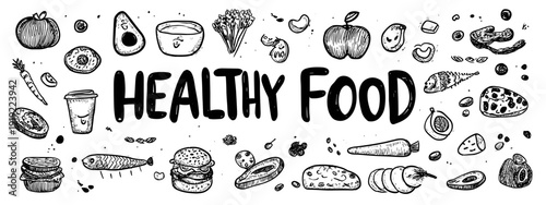 seamless pattern with hand drawn Healthy Food icons fitness style banner 