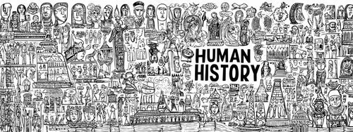 Human History Collage – Detailed Black and White Historical Illustration Banner