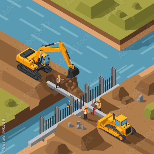 Construction site with excavators and workers building a river wall.