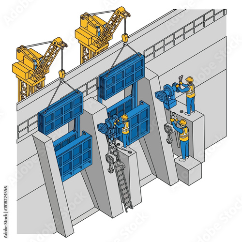 Construction workers installing large blue panels on a dam wall.