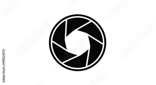 A black and white camera aperture design circular graphic silhouette