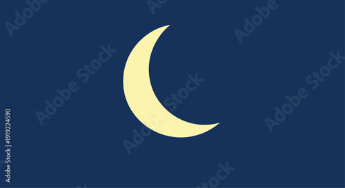 Minimalist representation of a creamy yellow crescent moon set against a deep, dark blue night sky, symbolizing nocturnal tranquility and celestial beauty.