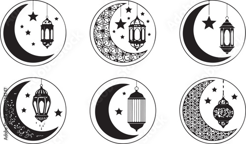 Set of six ramadan kareem lantern designs with crescent moon and stars in black and white on transparent background