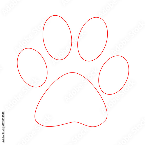 Minimalist red animal paw print outline isolated against a clean white background symbolizing pet affection