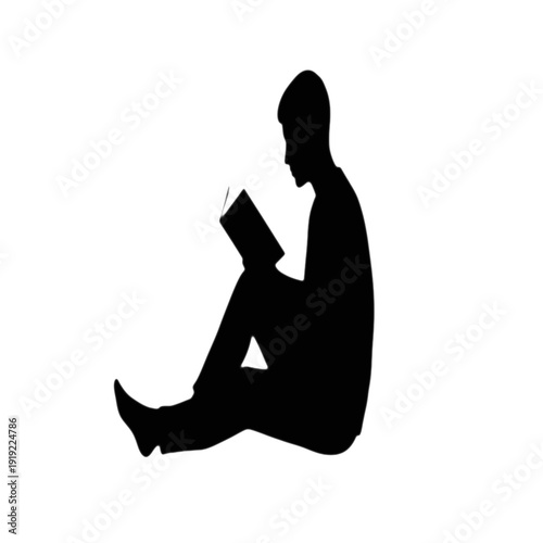 Calm male silhouette sitting peacefully on the ground reading a book against a pure white background