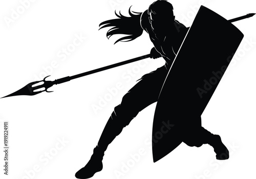 Warrior silhouette with spear and shield, fantasy battle pose, strong female fighter, medieval combat concept, action illustration, isolated black design
