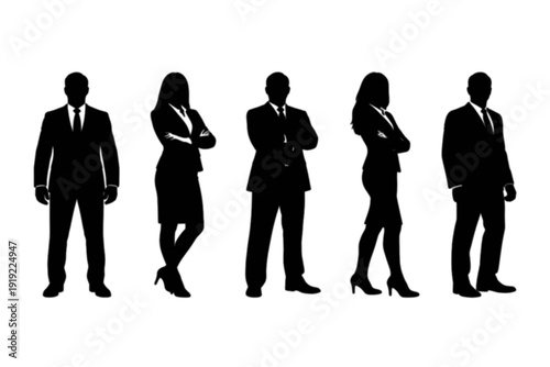 Group of professional business men and women silhouettes standing confidently isolated on a bright white background