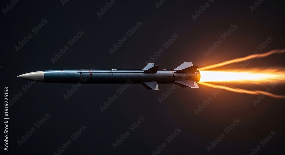 Naklejka premium Missile Launching into Dark Night Sky with Flames