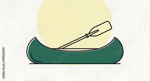 Minimalist green canoe with a paddle on a pale yellow background