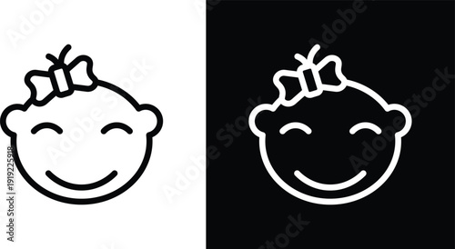 Baby girl face icon pack in black and white colors