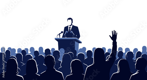 Man giving a speech to a crowd of people at a conference or meeting.
