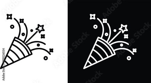 Confetti party popper icon pack in black and white colors