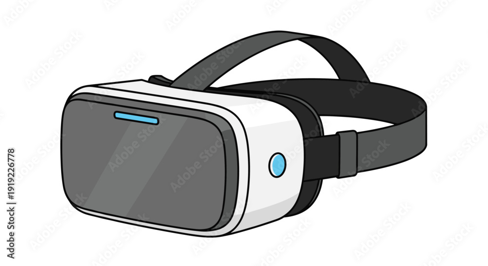 Fototapeta premium Virtual reality headset, white and gray with black straps and blue accents, depicted on a white background.