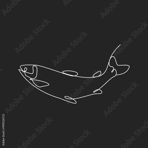 Continuous One Line Drawing of a Fish. Minimalist Hand Drawn Outline Icon on Dark Background.