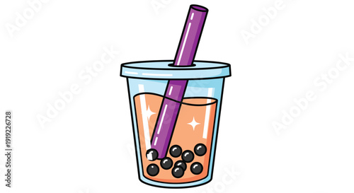 Orange bubble tea with black tapioca pearls and purple straw in a transparent cup on a white background.