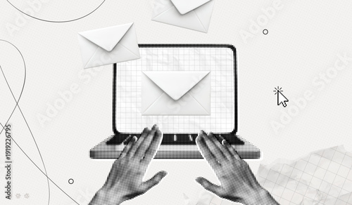 Trendy Halftone Collage Email Communication and Digital Marketing concept. Hands typing letter on computer laptop. Close envelope with document. Digital files. Contemporary vector illustration art