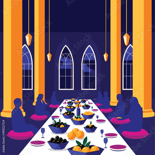 Silhouettes of people seated on cushions around a long dining table laden with food and drinks in a grand hall with pillars.