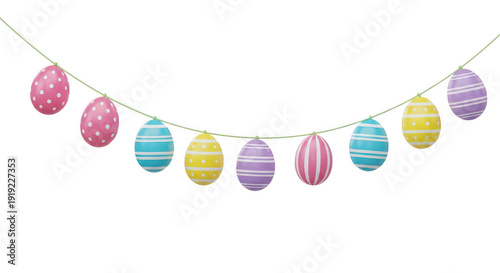 Colorful easter eggs hanging on a string for festive holiday decorations
