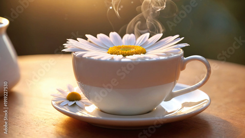 White teacup with chamomile flower on saucer warm sunlight cozy morning