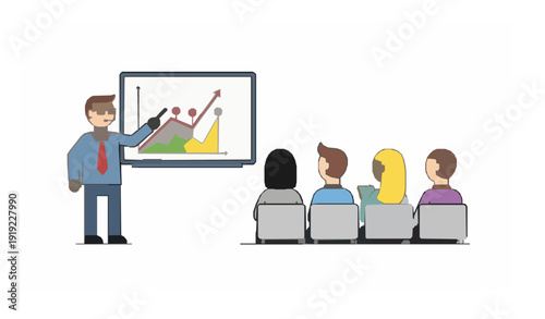 Conference lecture icon with trainer, attendees, and presentation board in flat vector style