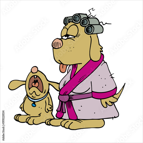 Funny Cartoon Dog Wearing Bathrobe with Curlers and Puppy Illustration