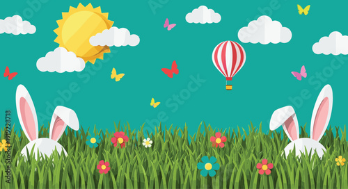 Spring Easter celebration illustration, festive outdoor artwork, bunny holiday design, seasonal joy tribute, nature happiness graphic, colorful springtime concept, flat vector illustration