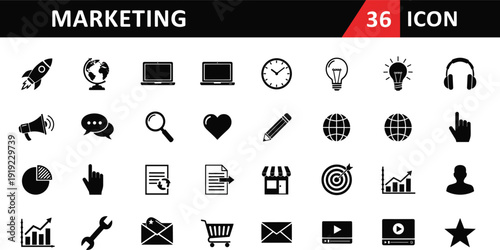 Set of 36 black marketing icons featuring rocket globe laptop megaphone headphones target chart lightbulb and business strategy elements for web design