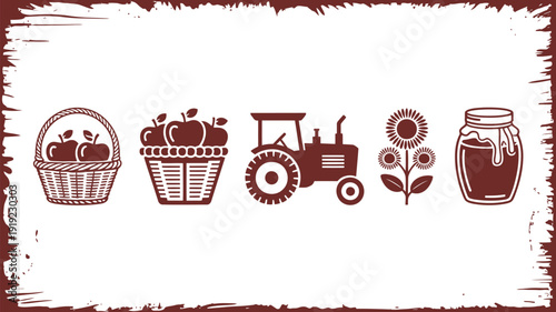 Rustic Farm Harvest Vector Icons Set Fresh Apples, Classic Tractor, Blooming Sunflower, and Golden Honey Jar. Ideal for Agricultural and Agri-Food Concepts