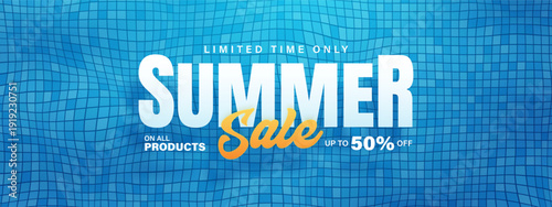 Summer sale banner. Summer sale vector background with Swimming pool water and discount offer banner. Top view of summer blue waves, swimming pool