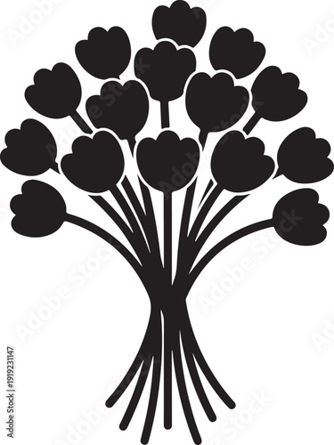 Elegant floral bouquet silhouette in a classic black and white style featuring detailed flower arrangements and botanical leaves.