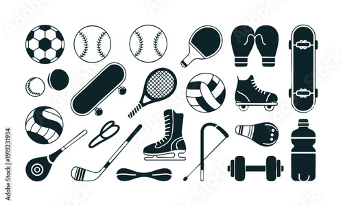 fitness and sports equipment doodle icon set flat vector isolated illustration, easily editable.