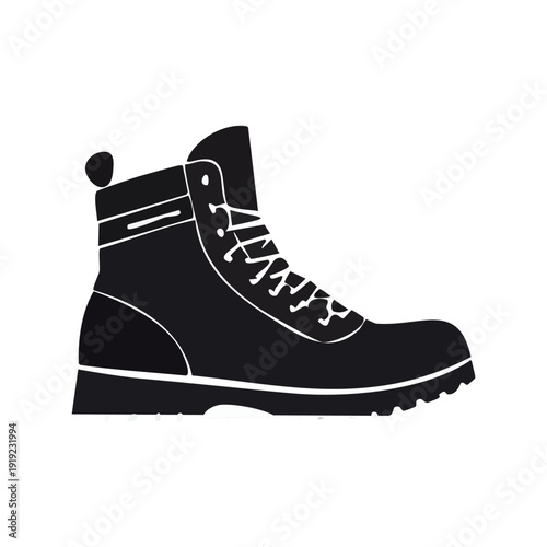 Black silhouette of a single sturdy hiking boot with laces and a thick sole, depicted in profile on a white background.