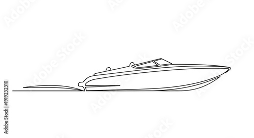 A sleek, modern speed boat glides across the water, leaving a distinct wake behind it.