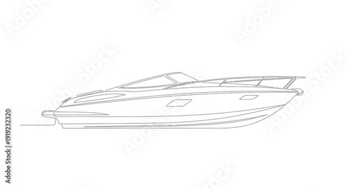 A detailed line drawing of a modern motor yacht, showcasing its sleek hull and aerodynamic design.