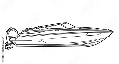 Detailed line drawing of a modern speed boat with an outboard motor, viewed from the side.