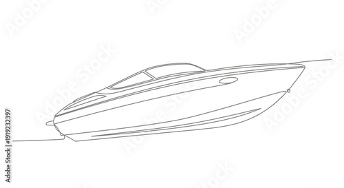 Detailed line art illustration of a sleek speed boat or powerboat outline on a white background, perfect for vector graphics.