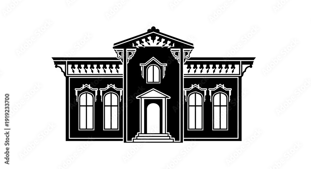 Fototapeta premium Grand classical building facade illustration featuring detailed historic architecture with columns, windows, and symmetrical structure in bold black vector style, institutional and heritage landmark c