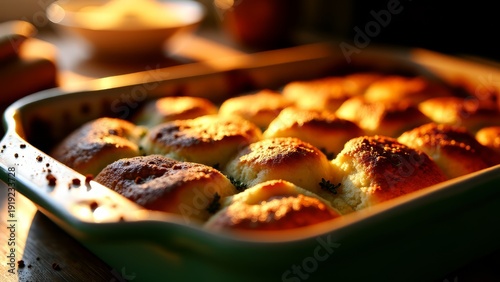 Bread Pudding Baking in Rustic Tray, Golden Brown Comfort Food