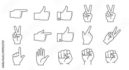 Hand gesture icon collection featuring thumbs up, thumbs down, peace sign, pointing finger, and open hand symbols in clean outline vector style, universal communication and feedback concept illustrati