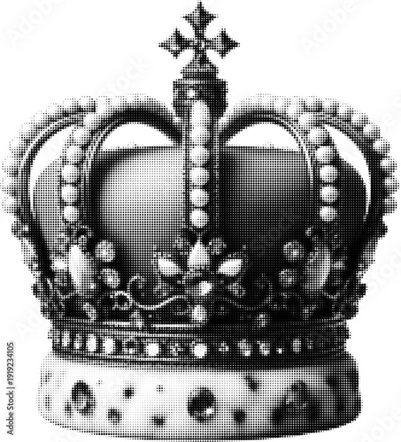 Monochrome halftone royal crown isolated on white background. Ornate king symbol in vintage black and white engraving style.