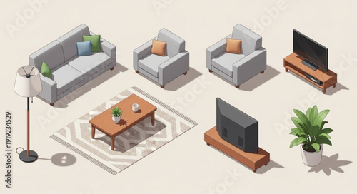 Isometric living room furniture and decor elements collection.