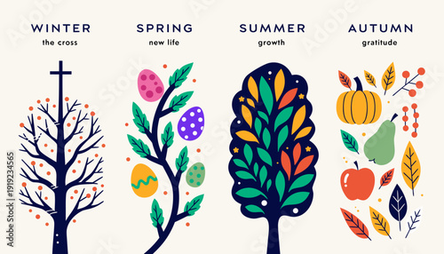 Seasonal tree illustrations with easter eggs and fruits vector set