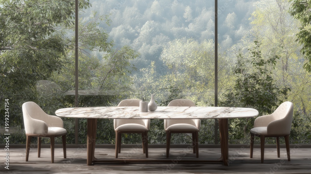 Fototapeta premium Elegant dining room interior with large windows and a marble table