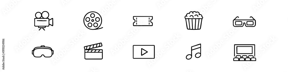 Ταπετσαρία Cinema and movie production line icons set including camera, film reel, ticket, popcorn, 3D glasses, VR headset, clapperboard, and theater screen