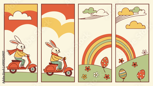 Easter bunny riding scooter panels with rainbow flowers vector