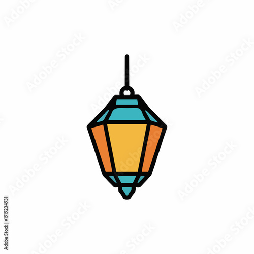 Geometric Lantern With Teal And Orange Panels Hanging From A Thin Black String On A White Background