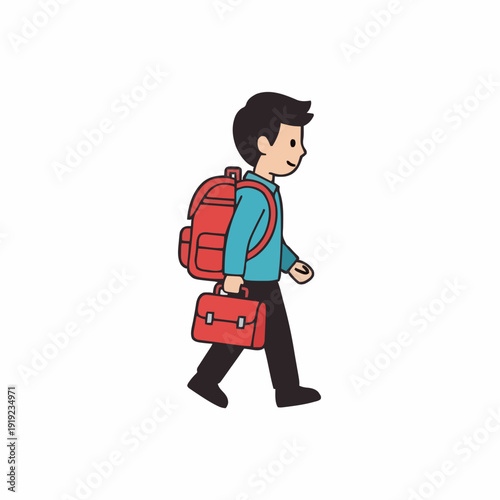 Young Boy With Red Backpack And Briefcase Walking In Casual Blue Shirt Black Pants White Background