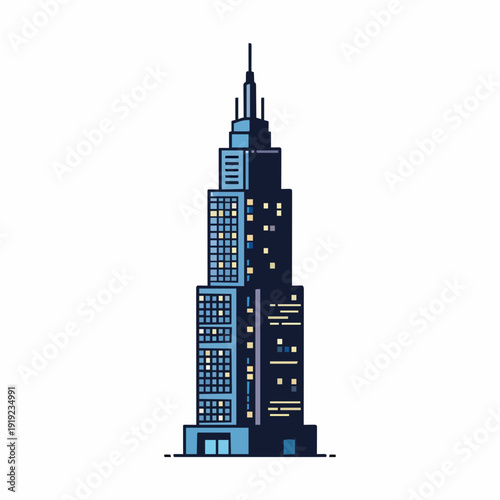 Stylized Blue Skyscraper Building At Night With Yellow Lit Windows Against A White Background